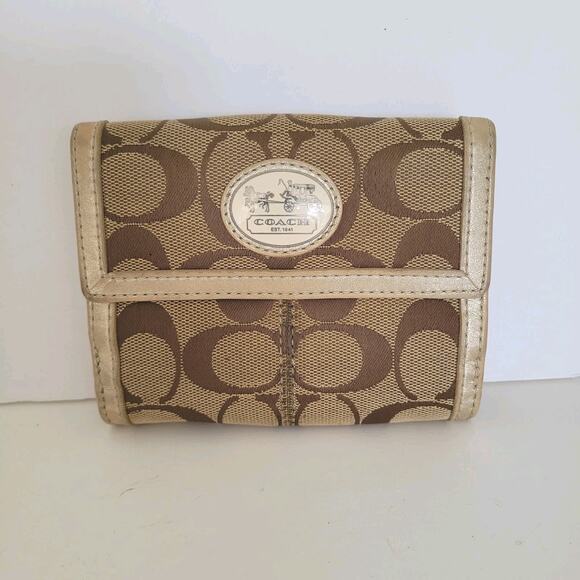 Coach Wallet Canvas Leather Signature Bifold 5x4 Medium Beige Compact Metallic - Picture 1 of 13